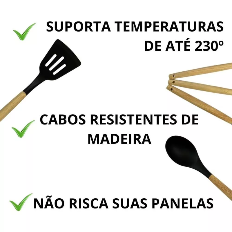 Kit Utensílios de Cozinha 12Pçs - Silicone e Cabo de Madeira