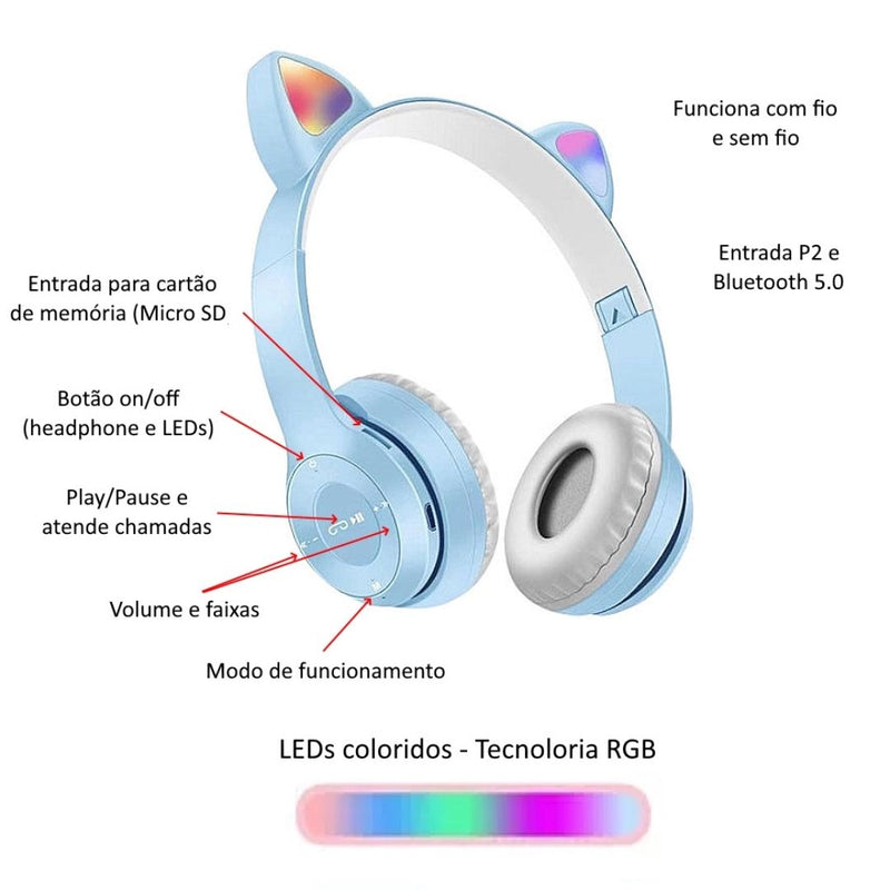 Fone de Ouvido Sem Fio Design de Orelhas de Gatinho LED